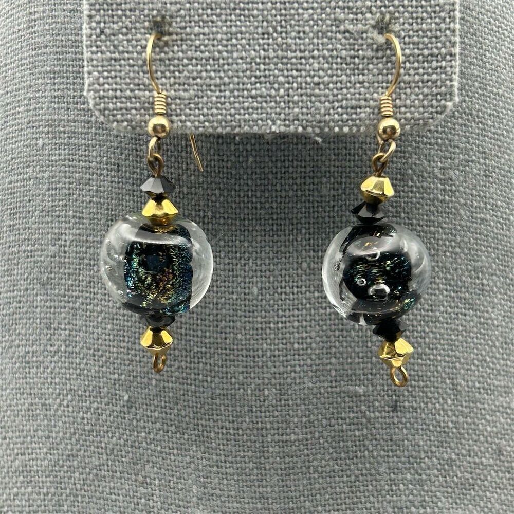 Black & Gold Tone Swirl Glass Marble Beaded Dangle Earrings Hook Handmade